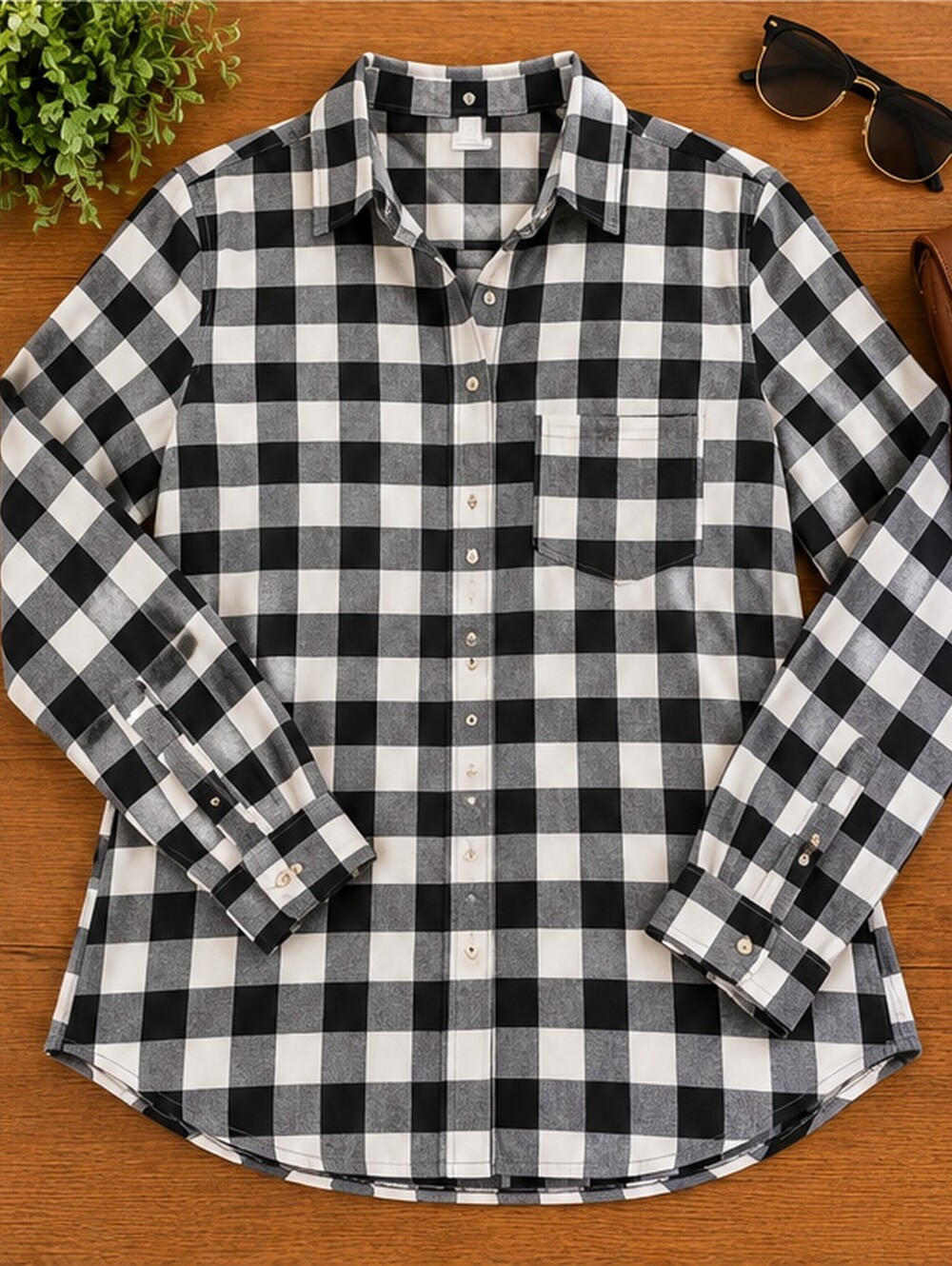 GAP Fitted Boyfriend Shirt Women’s L Black White Buffalo Plaid Cotton Viscose
